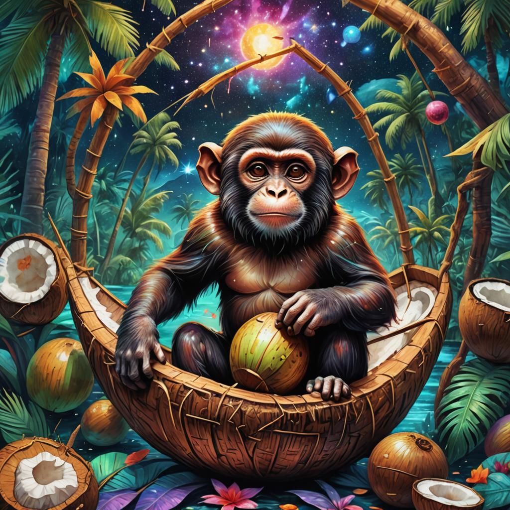 A monkey in a coconut boat