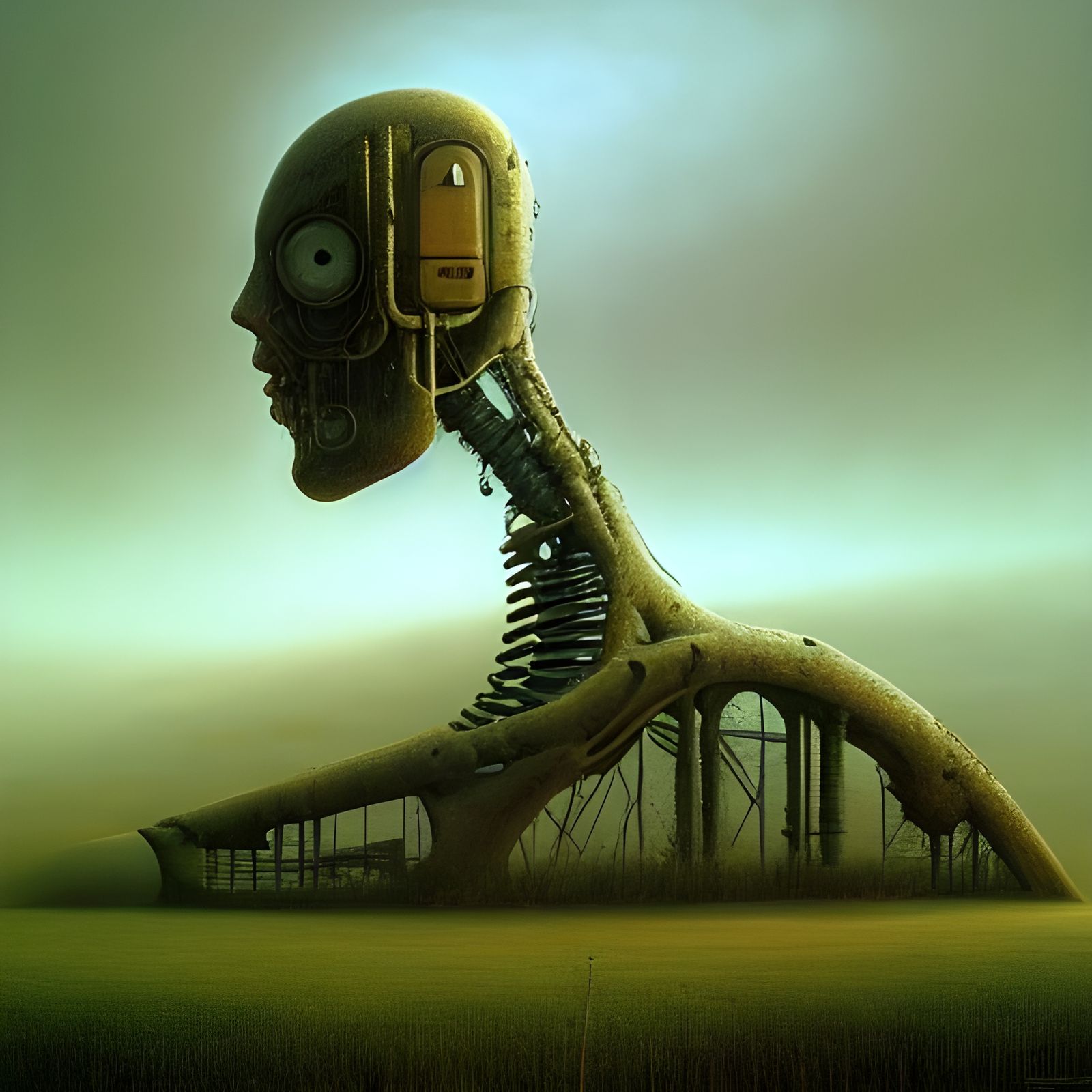 Surreal Mechanical Head with Idyllic Landscape