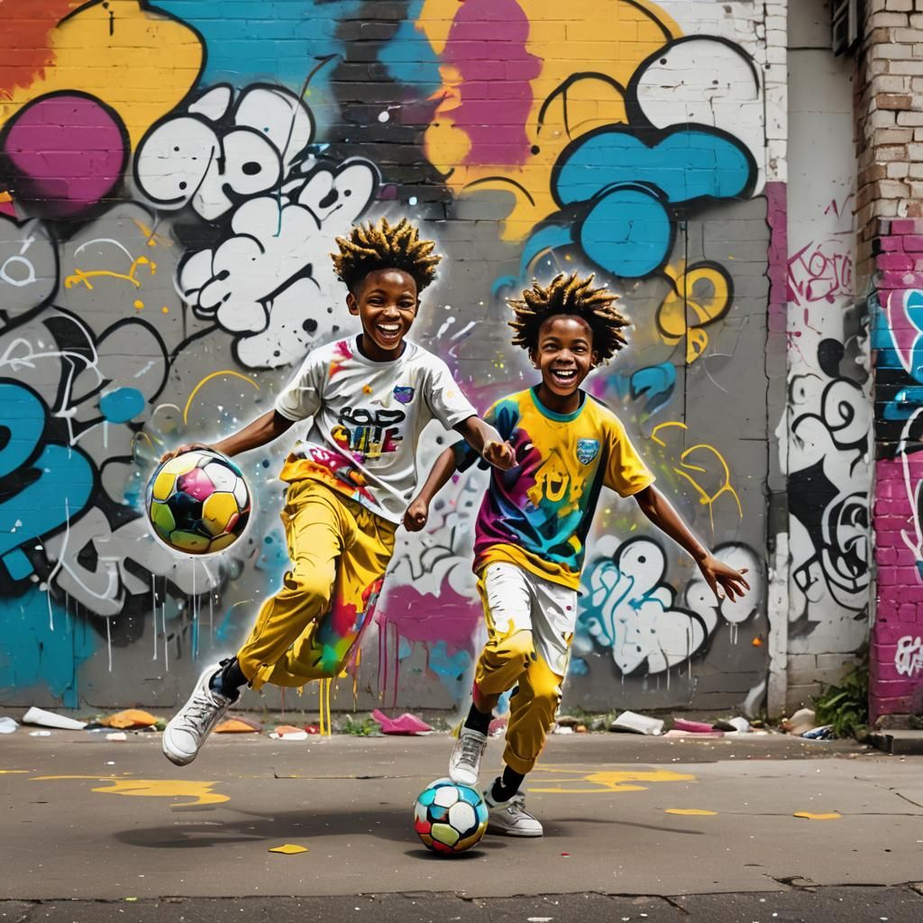 Happy Child with Football in Vibrant Graffiti Art