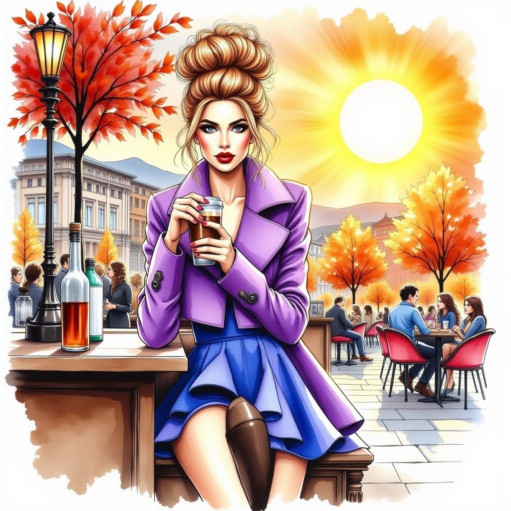 <lora:Alcohol Ink Flux:1.0> A stunning woman, blond wavy hair, bun make up, red lips, bar, drinking coffe , violet short coat , peplum, blue...