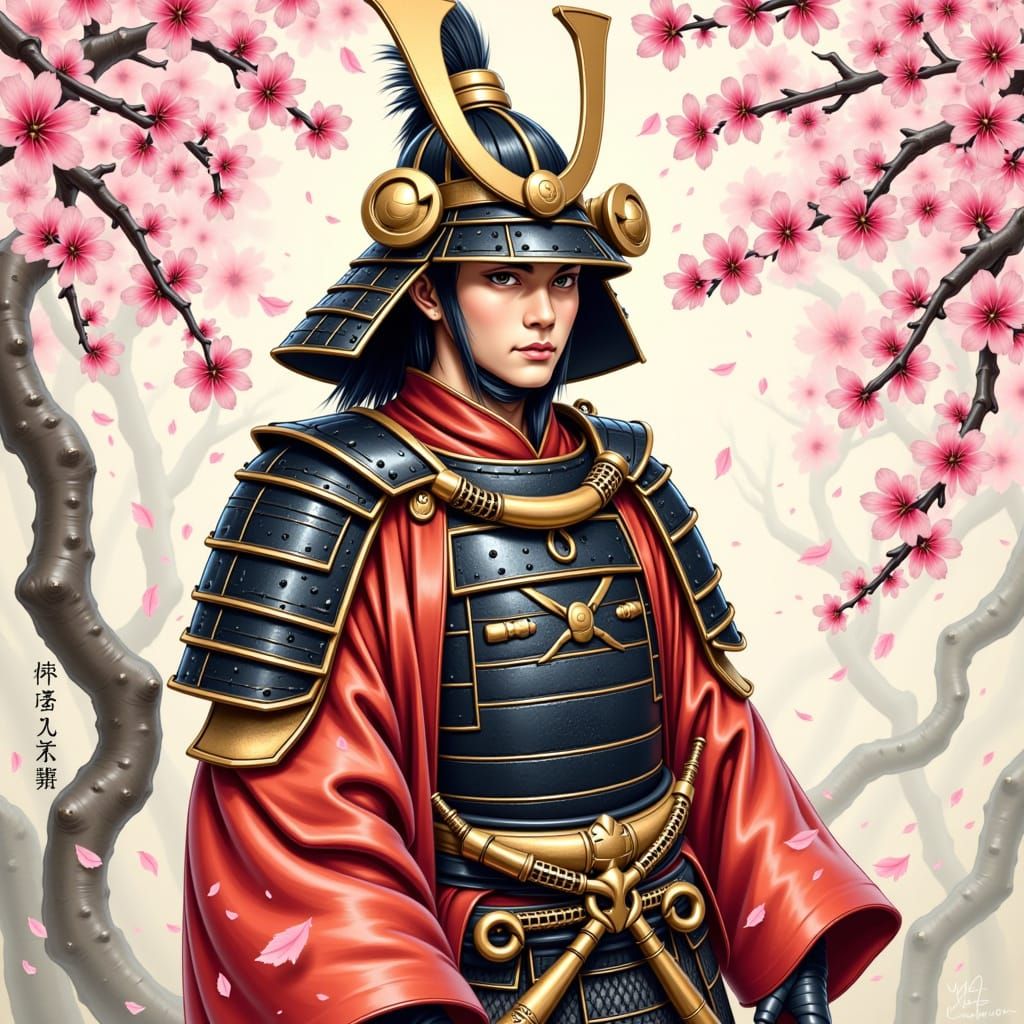 Samurai warrior in traditional armor, wearing a intricately designed kimono, standing amidst delicate cherry blossoms, petals gently falling...