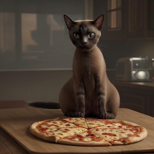siamese cat sitting on top a kitchen table bout to eat some ...