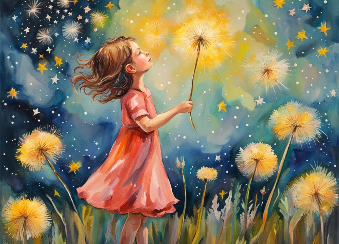 girl watch dandelions with little wings flying into sky full of bright stars