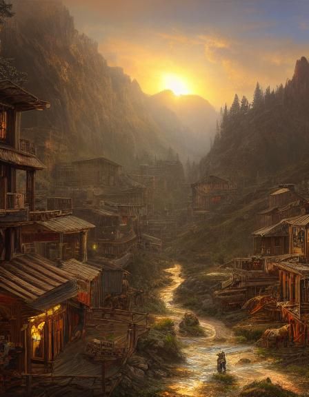 Old West Town In A Mountain Valley, Creek Runs Outside Town On Right 