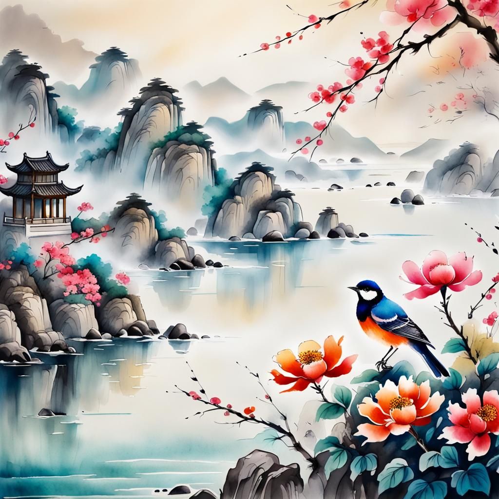 Chinese ink painting  by @Lady of the Thorns