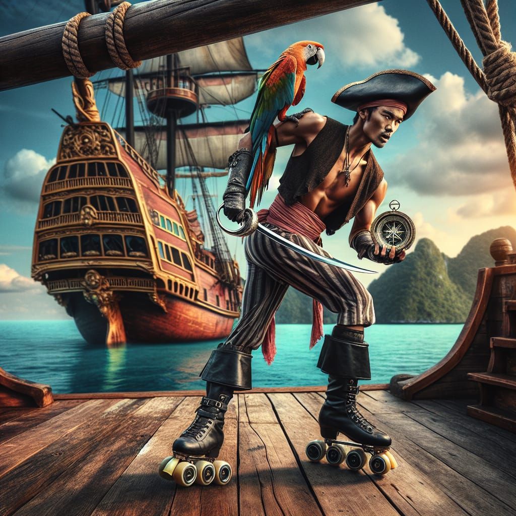 pirate holding a compass with a parrot on his shoulder and r...