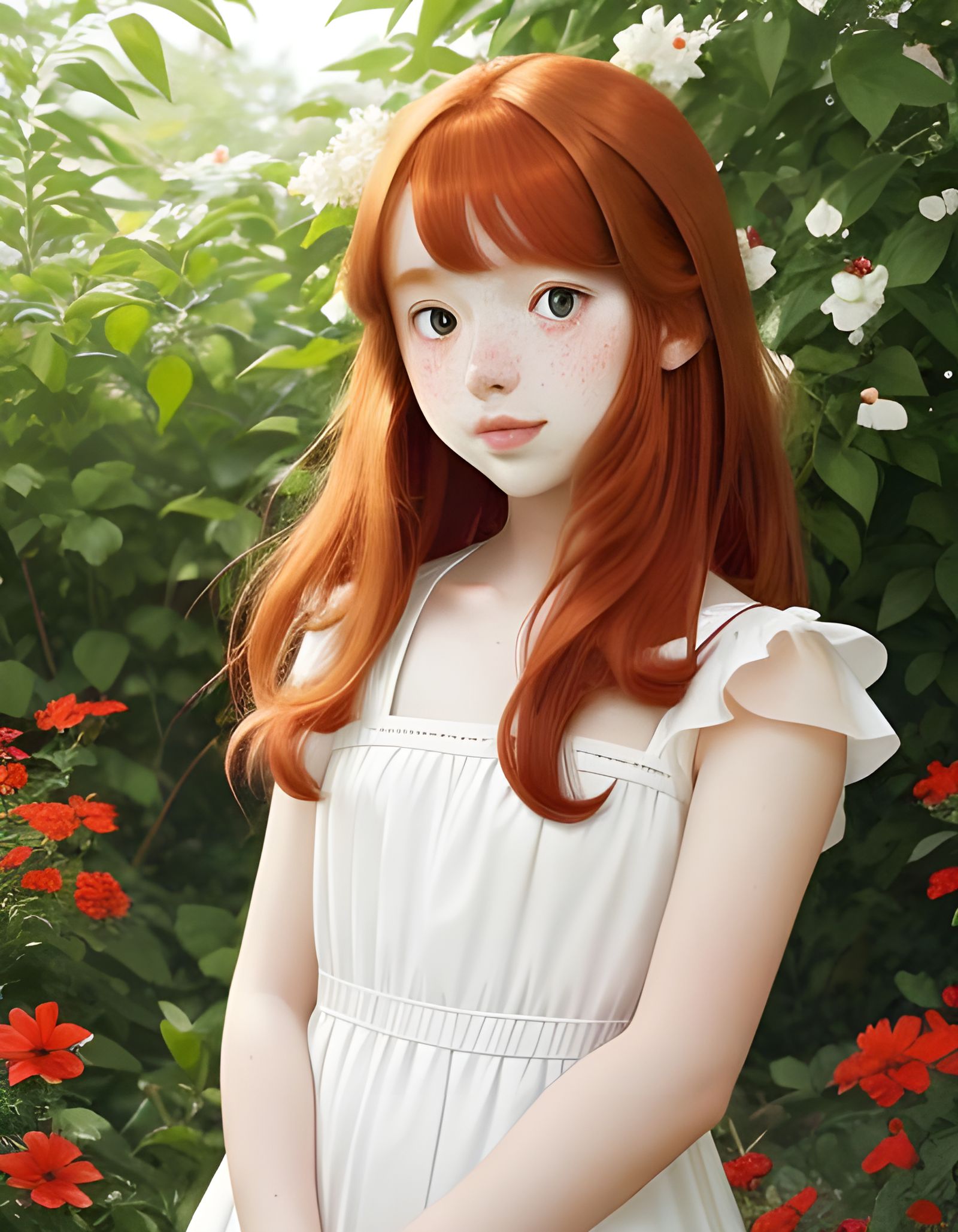 Anime Girl with Auburn Hair and Red Eyes