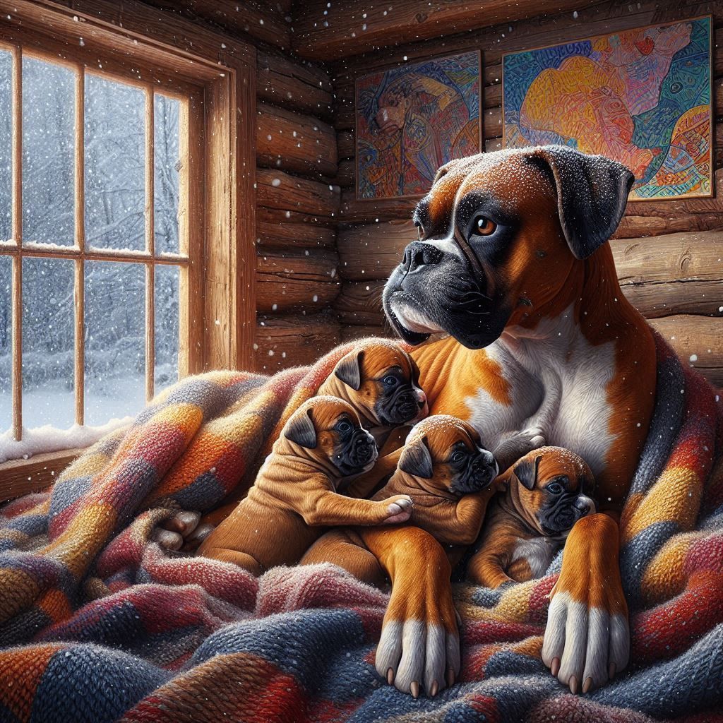 Mother Boxer and puppies