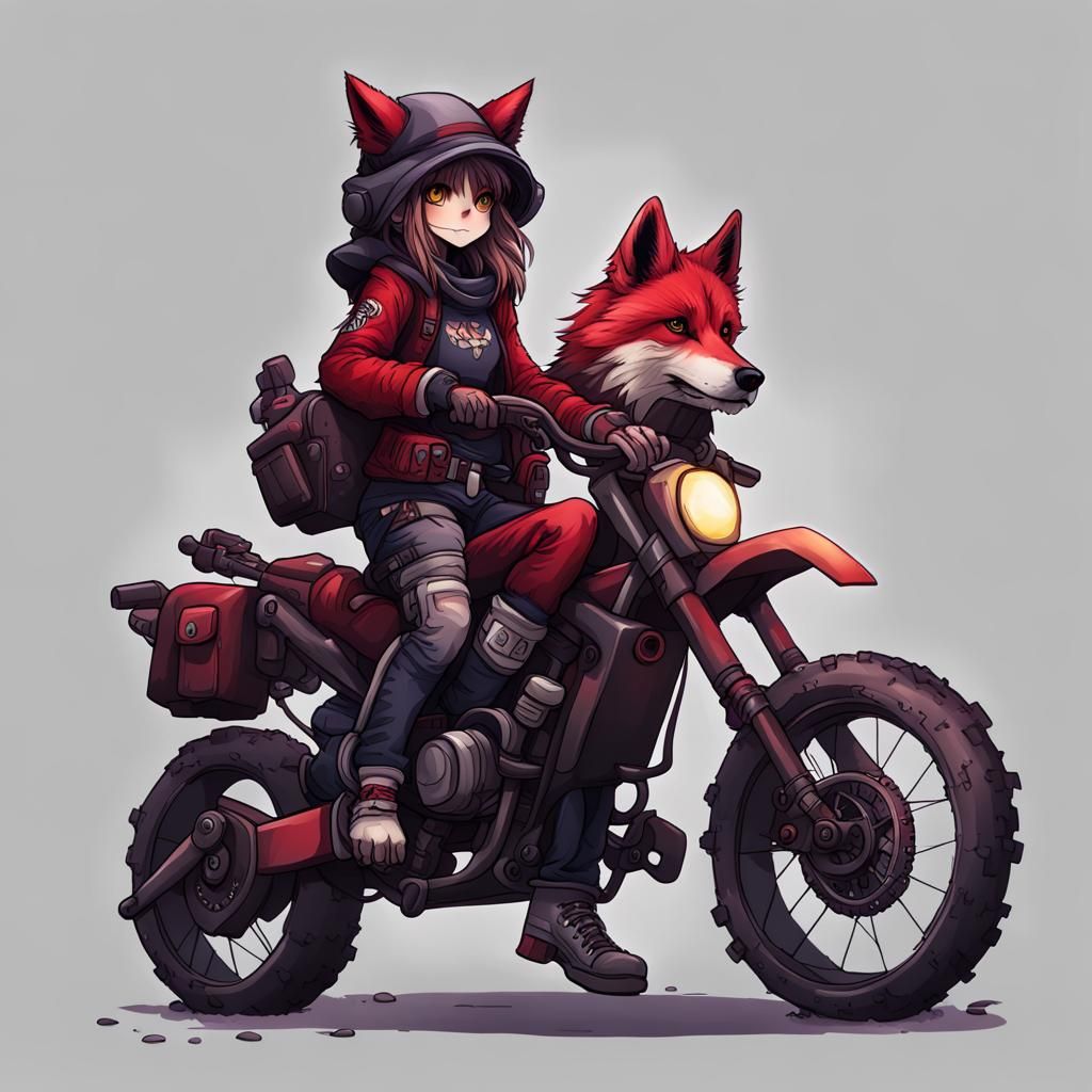 Furry art figure girl Wolf  (steht neben einem Chopper bike ...