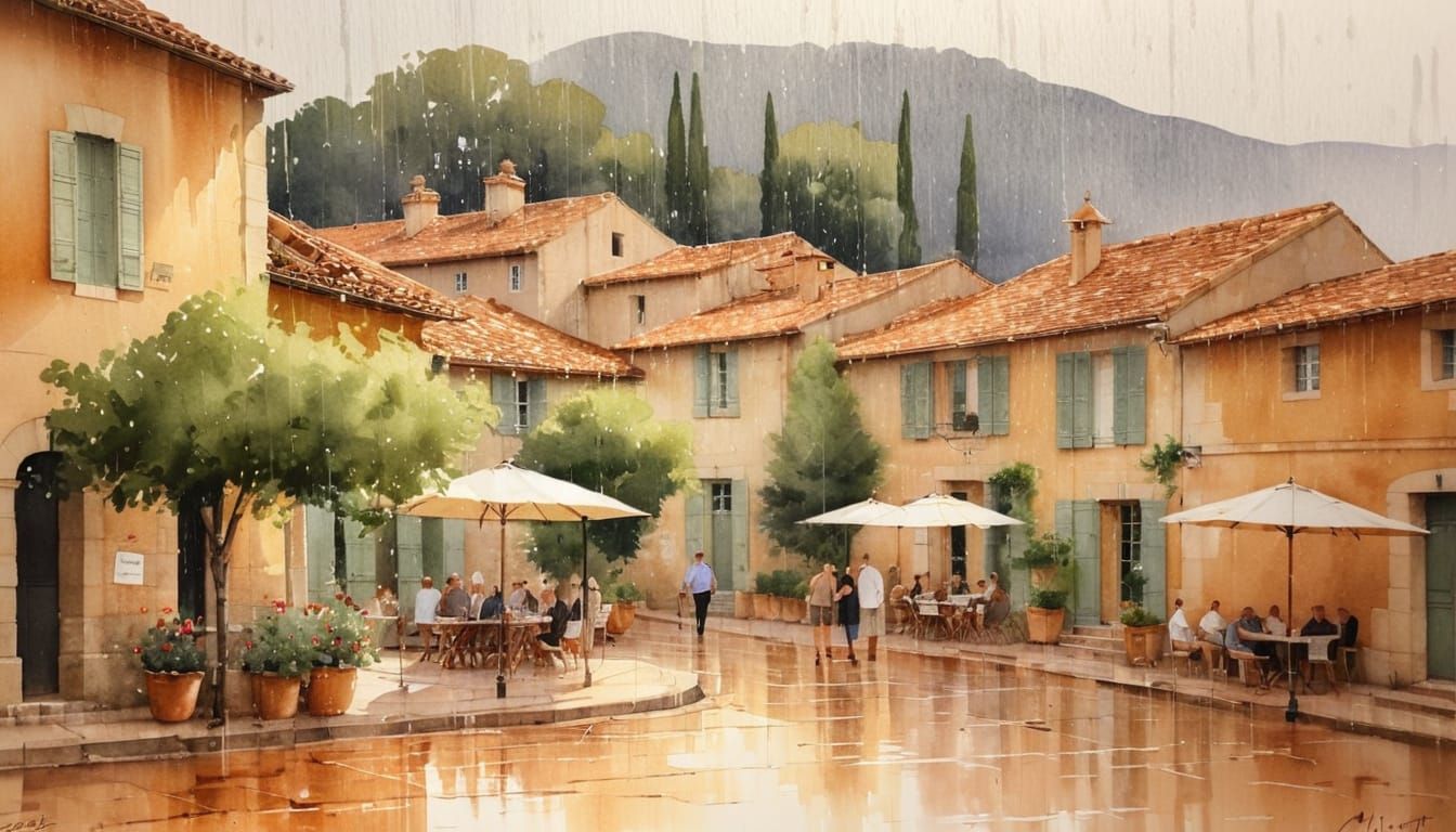 Watercolor painting. A village square in rural South of France with people sheltering  during a summer ...  by @Emphyseme