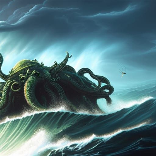 16bit painting of a gigantic cthulhu in the ocean, in the style of ...