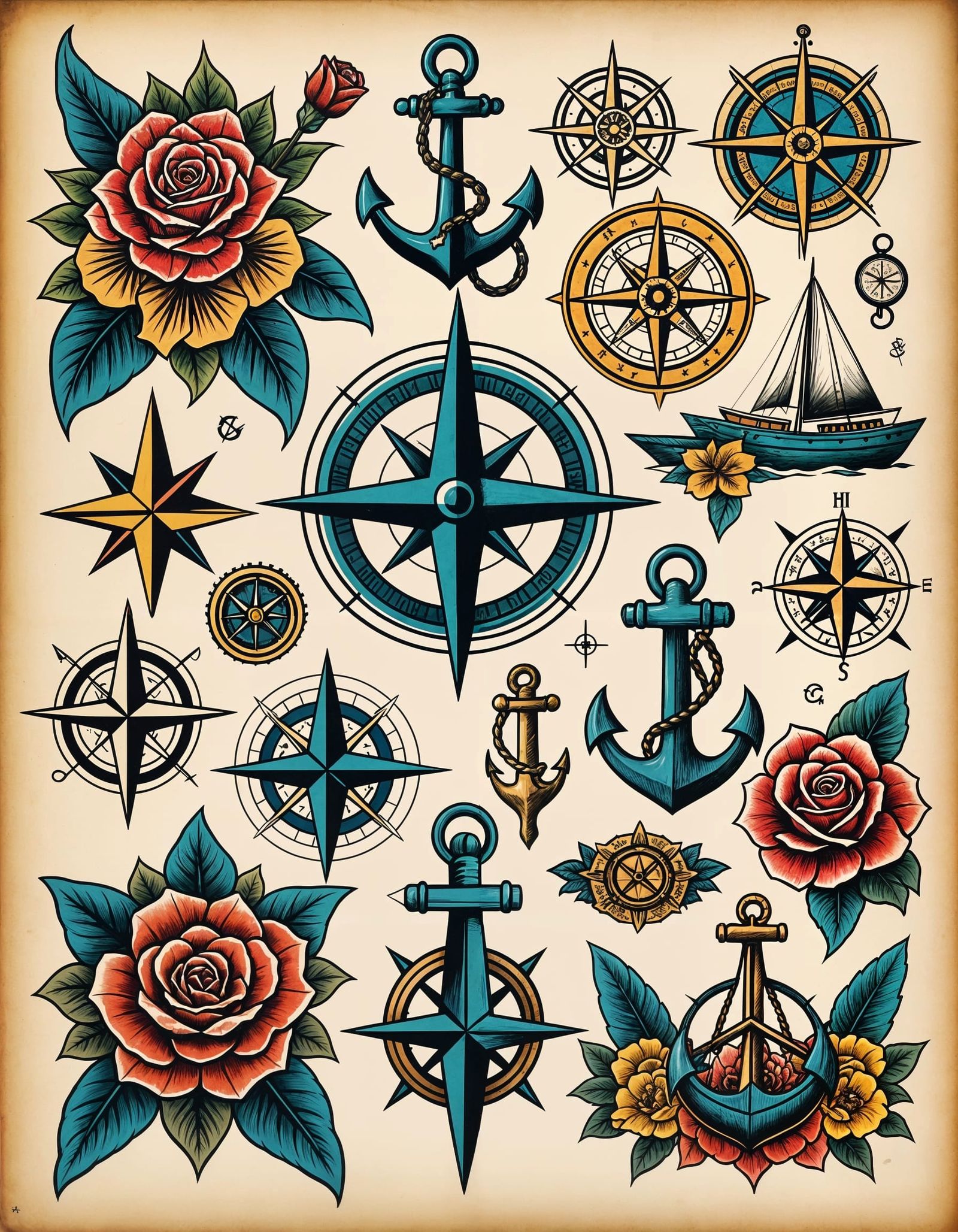 A collection of nautical-themed flash tattoo designs featuring anchors, ships, and compasses,   by @Valmont
