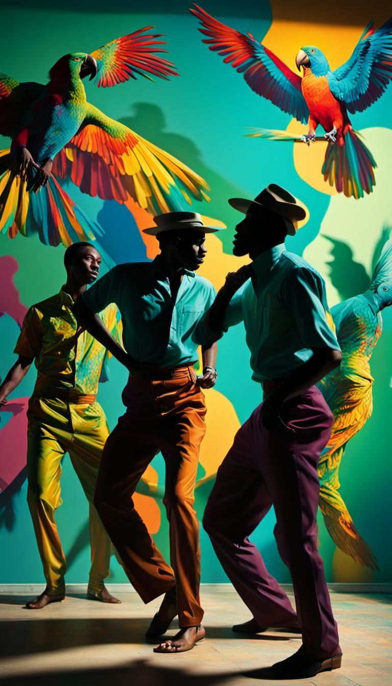 Photography of Colorfully psychedelic dressed lean male danc...