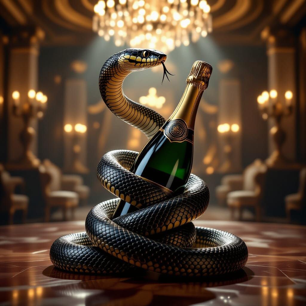 Cobra Emerges From Champagne Bottle Under Dramatic Lighting