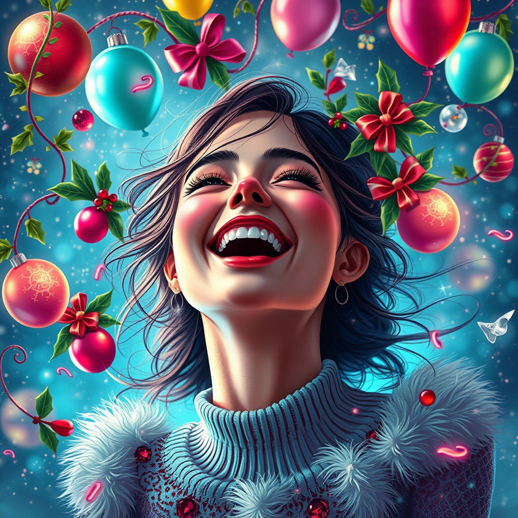 Ecstatic Woman Surrounded by Christmas Magic