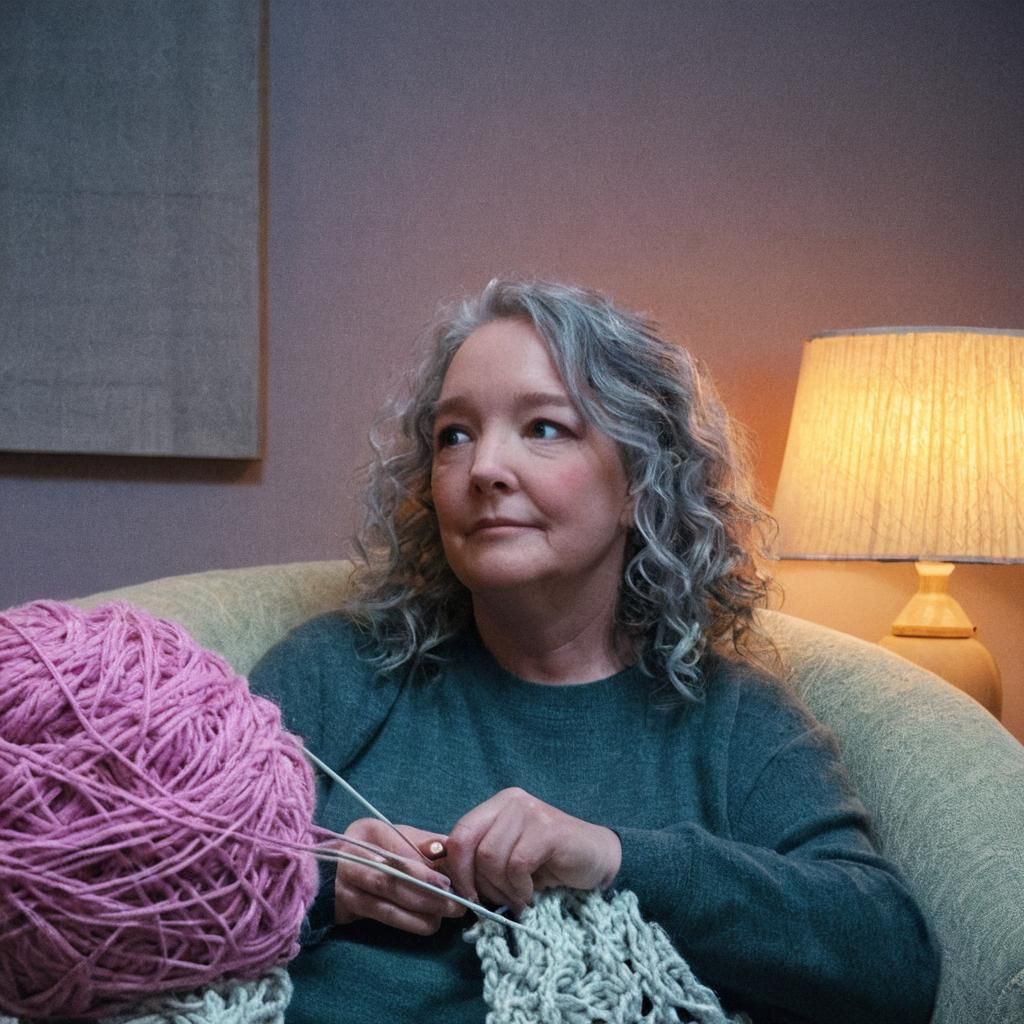 Close up portrait of <Subject> crocheting. Cozy living room ...