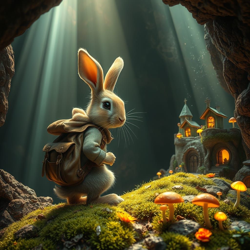Photorealism. A rabbit adventurer with a tiny backpack exploring caves  sunshine reflected in the morning drops,small treehouses,  magic flo...