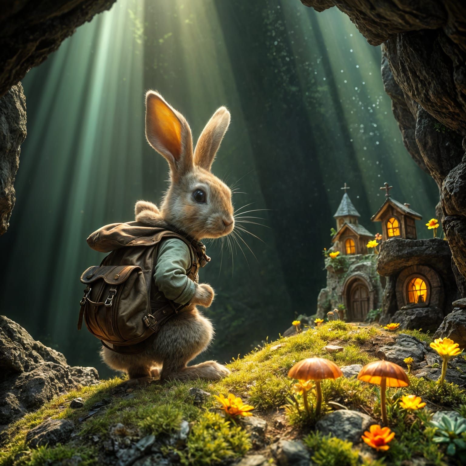 Photorealism. A rabbit adventurer with a tiny backpack exploring caves  sunshine reflected in the morning ...  by @Muse