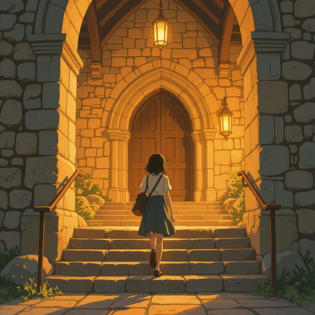 Young Girl Ascends Seminary Stairs in Golden Light