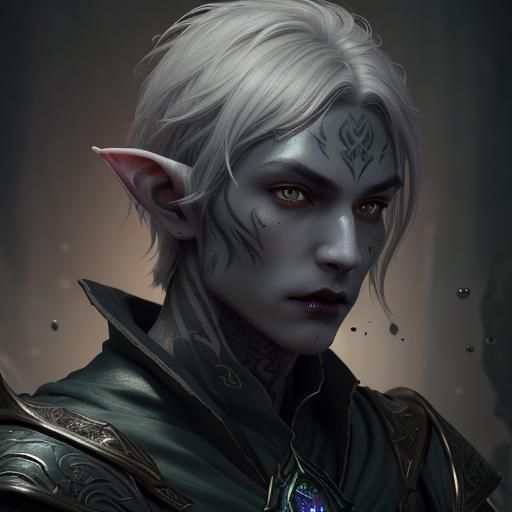 male elf, light gray skin, vampire fantasy portrait, short swept hair, neck tattoo, softer face green glowing eyes