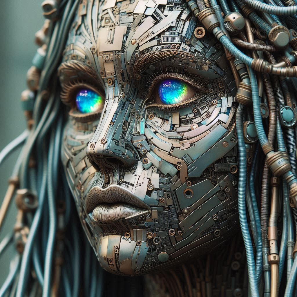 woman sculpture, made from salvaged computer parts, liquid opal eyes, realistic, high detailed, VERY-EXTREMELY-ULTRA-HYP...