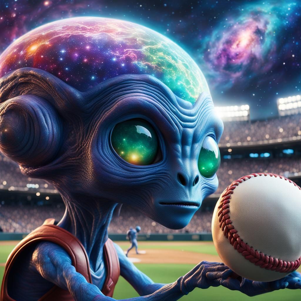 up close shot of a multi colored alien playing baseball, up ...