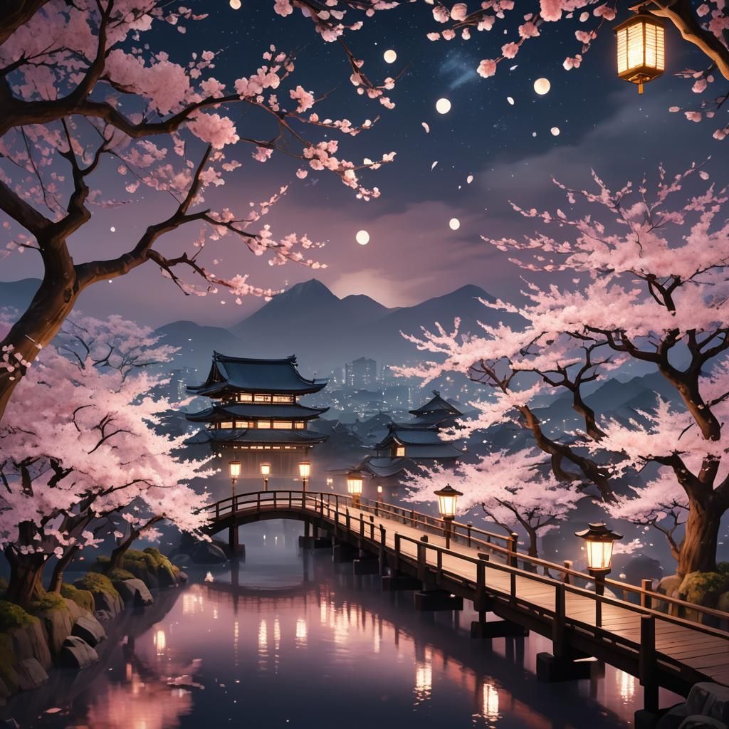 Nighttime Cherry Blossom Viewing in Anime Style
