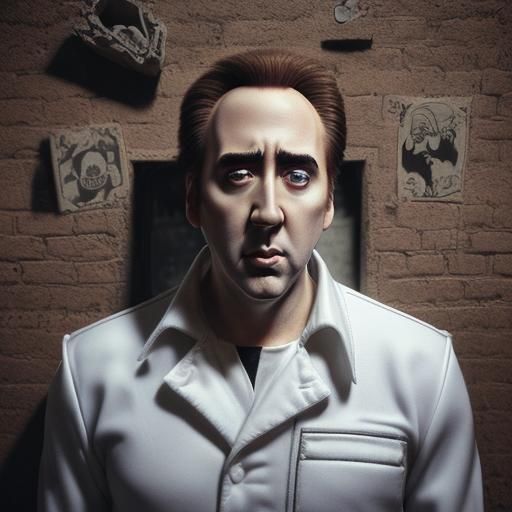 Claymation Nicolas Cage in a white jumpsuit underground comix street ...