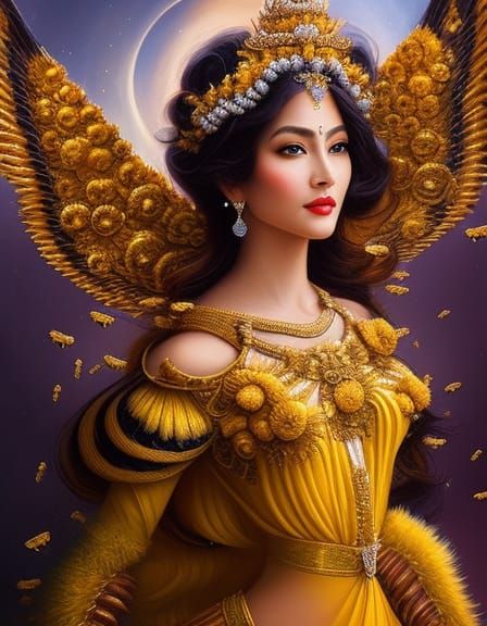 bee goddess, beautiful woman with a detailed ornate yellow d...