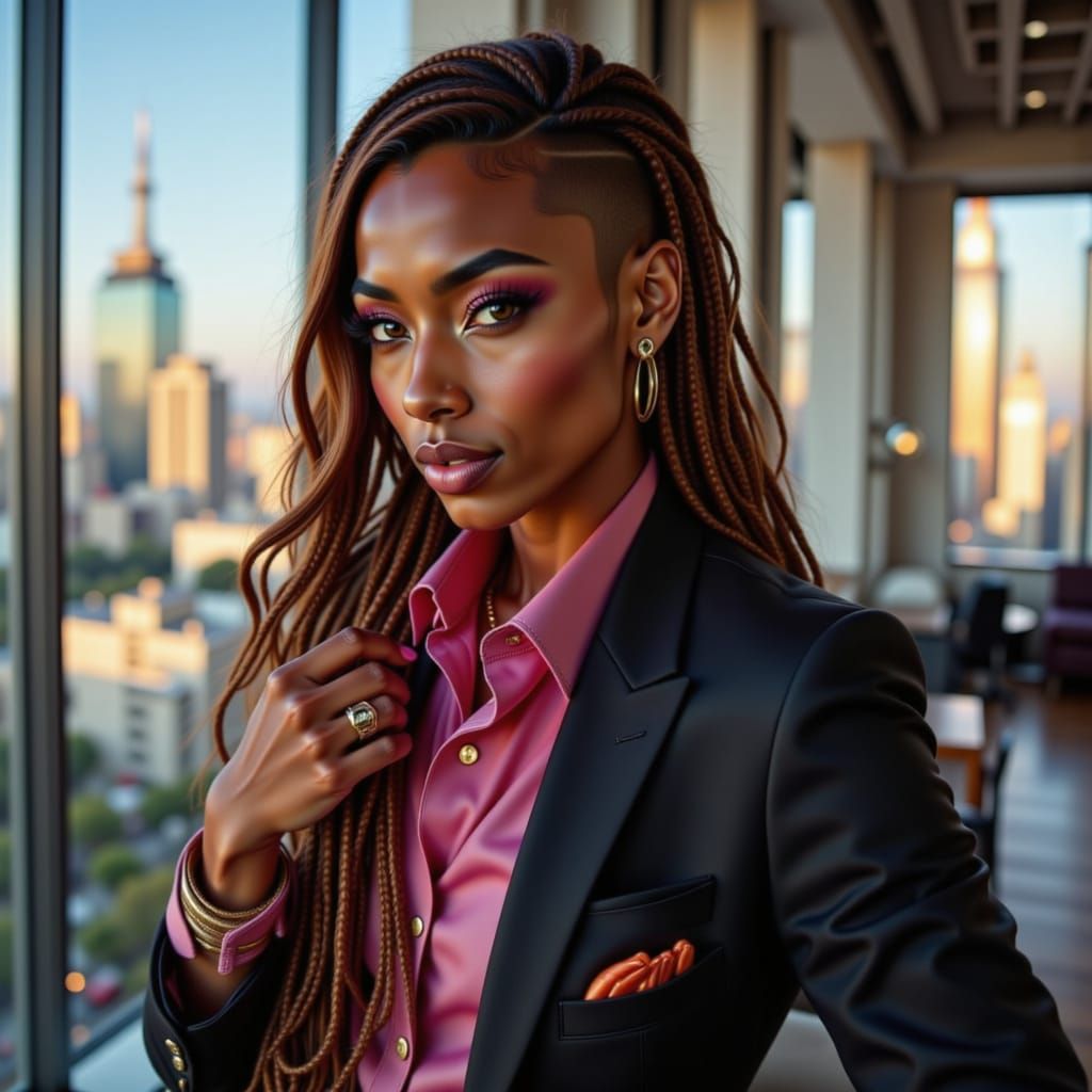 Clean cut  androgynous person in a chic business suit mid-twenties, Pacific Islander/Haitian
Mahogany Skintone dressed in an expensive suit ...