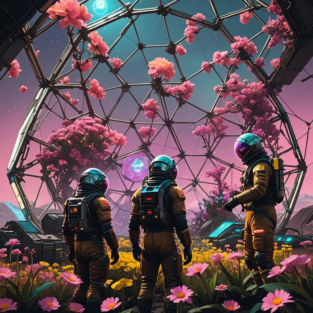 Three men in spacesuits tending to the flowers in a geodesic...