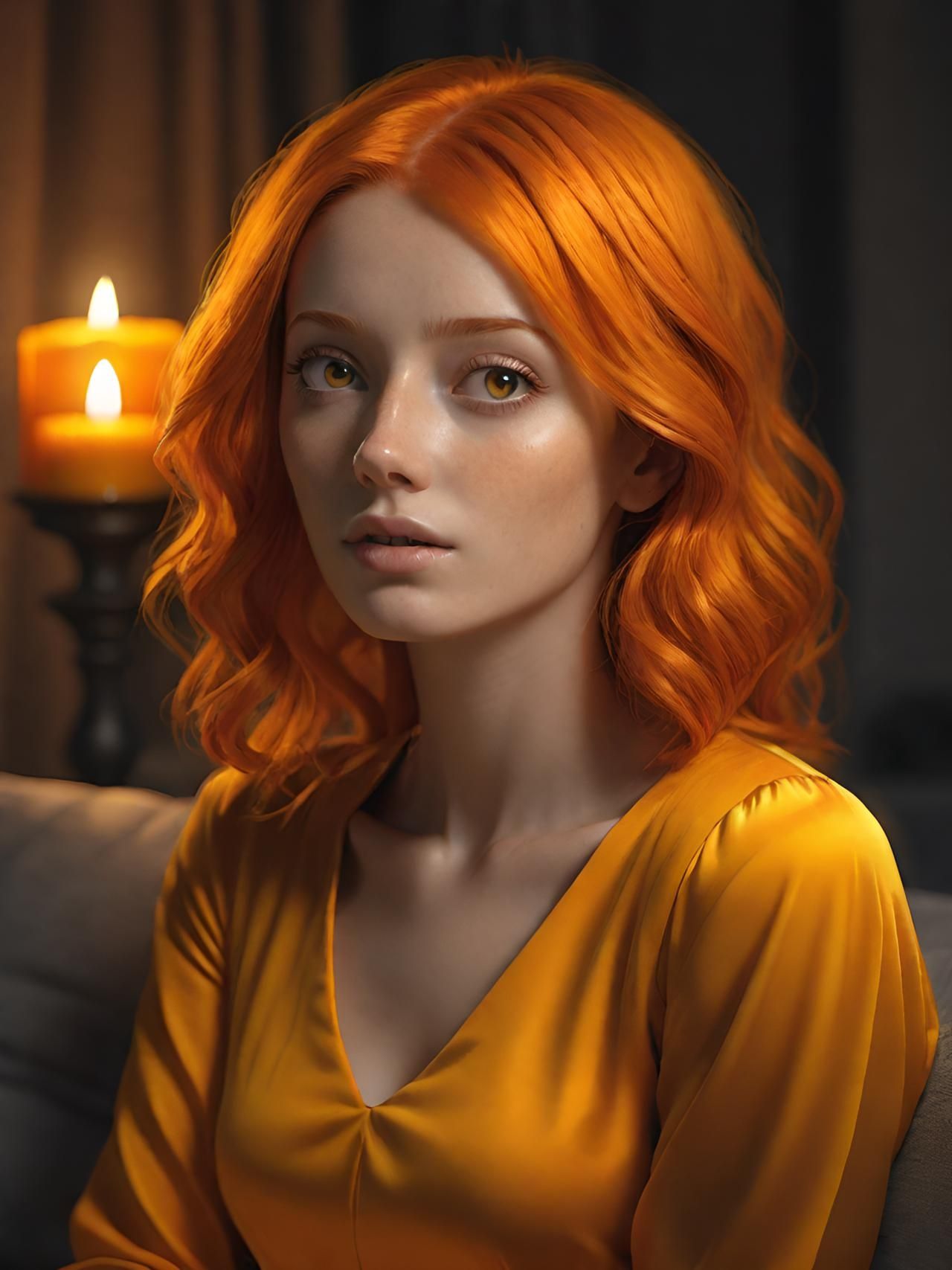 Orange hair, orange dress, candle lit ambiance