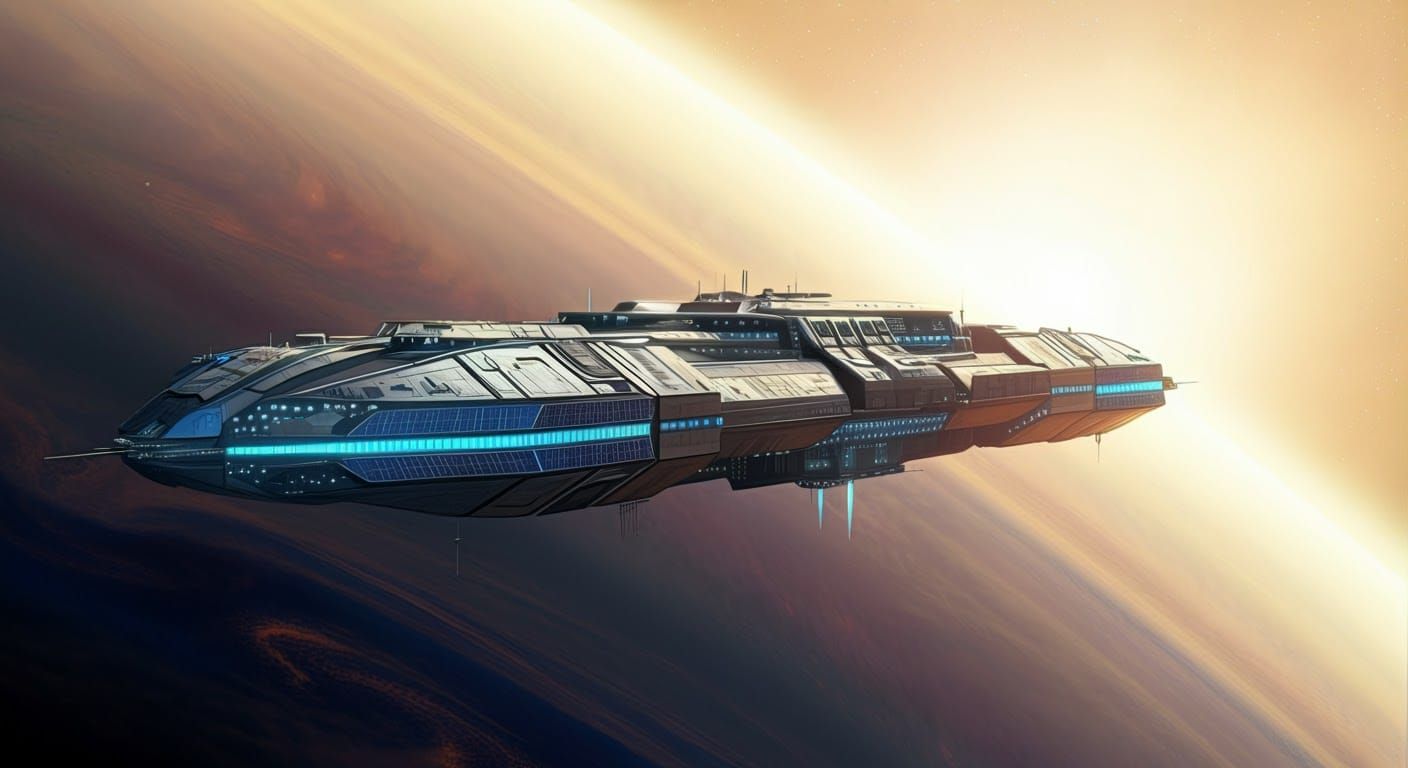 An Immense Colony Ship Just Outside of Orbit Heading into the Cosmos, ethereal, pastels, sci-fi, sunshine rays, diffuse light 