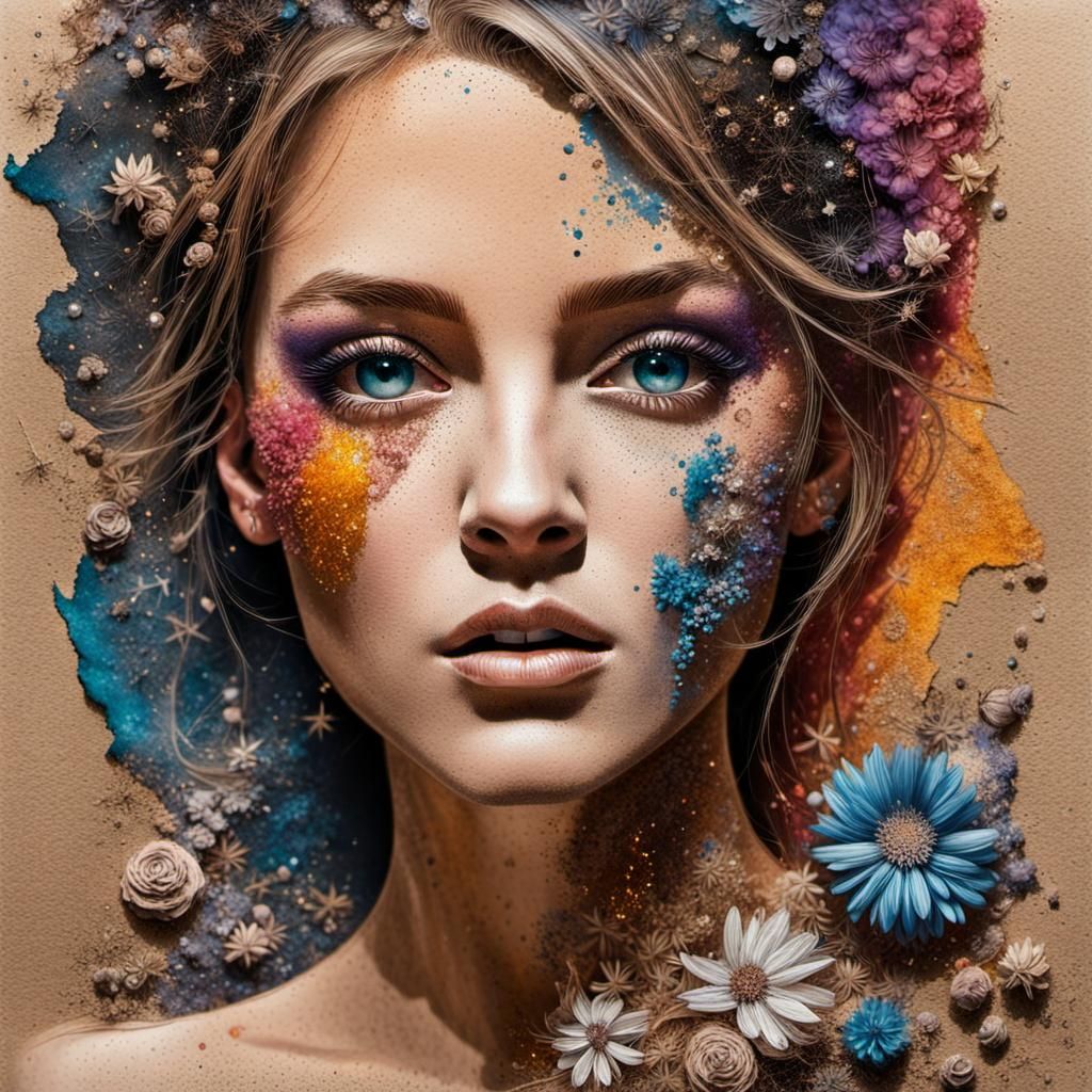 mixed media picture mixing different materials as liquid paint, colored sand, burned paper, wood pieces, ...  by @Didier B