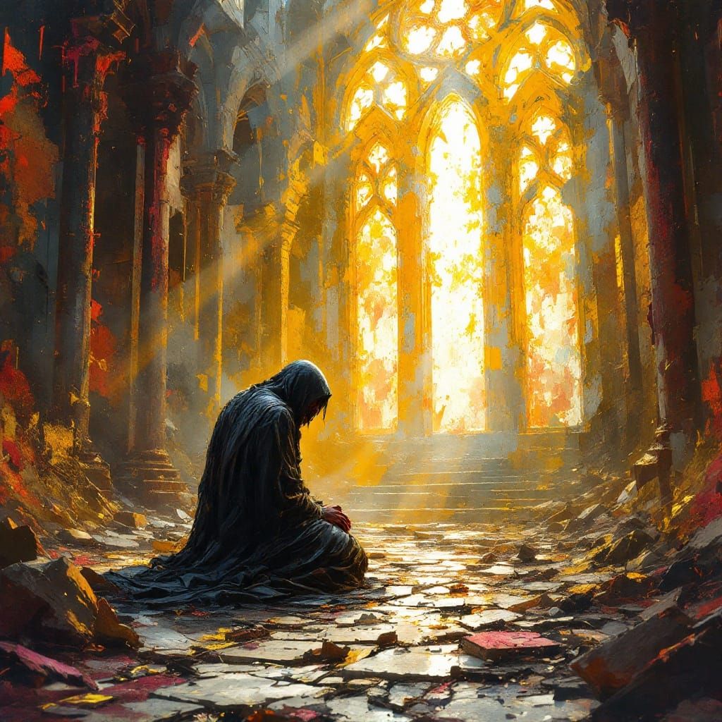 A tormented prophet kneeling in a wind-swept cathedral ruin, surrounded by broken stained glass and shattered relics. The entire scene is re...