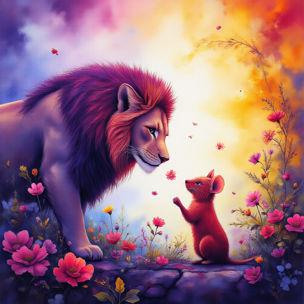 Lion looking down at the white mouse