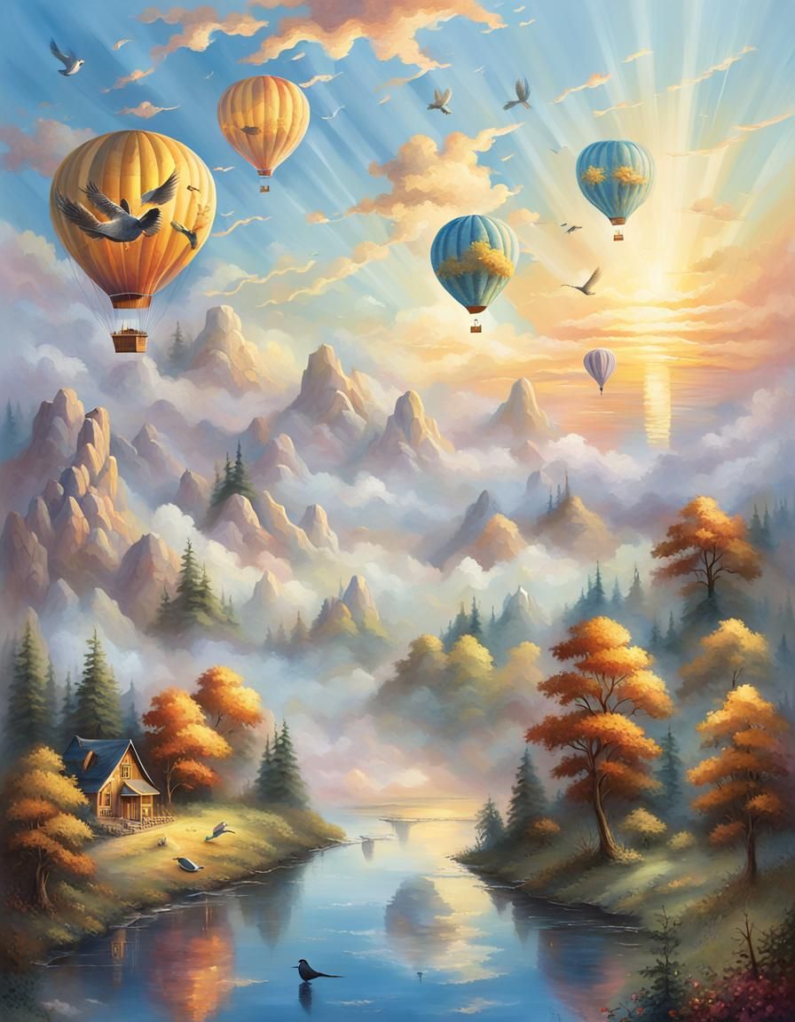 *Scene:** A wide blue sky with thick white clouds.\n- **Balloons:** Three traditional hot air balloons, adorned with warm colors like red an...