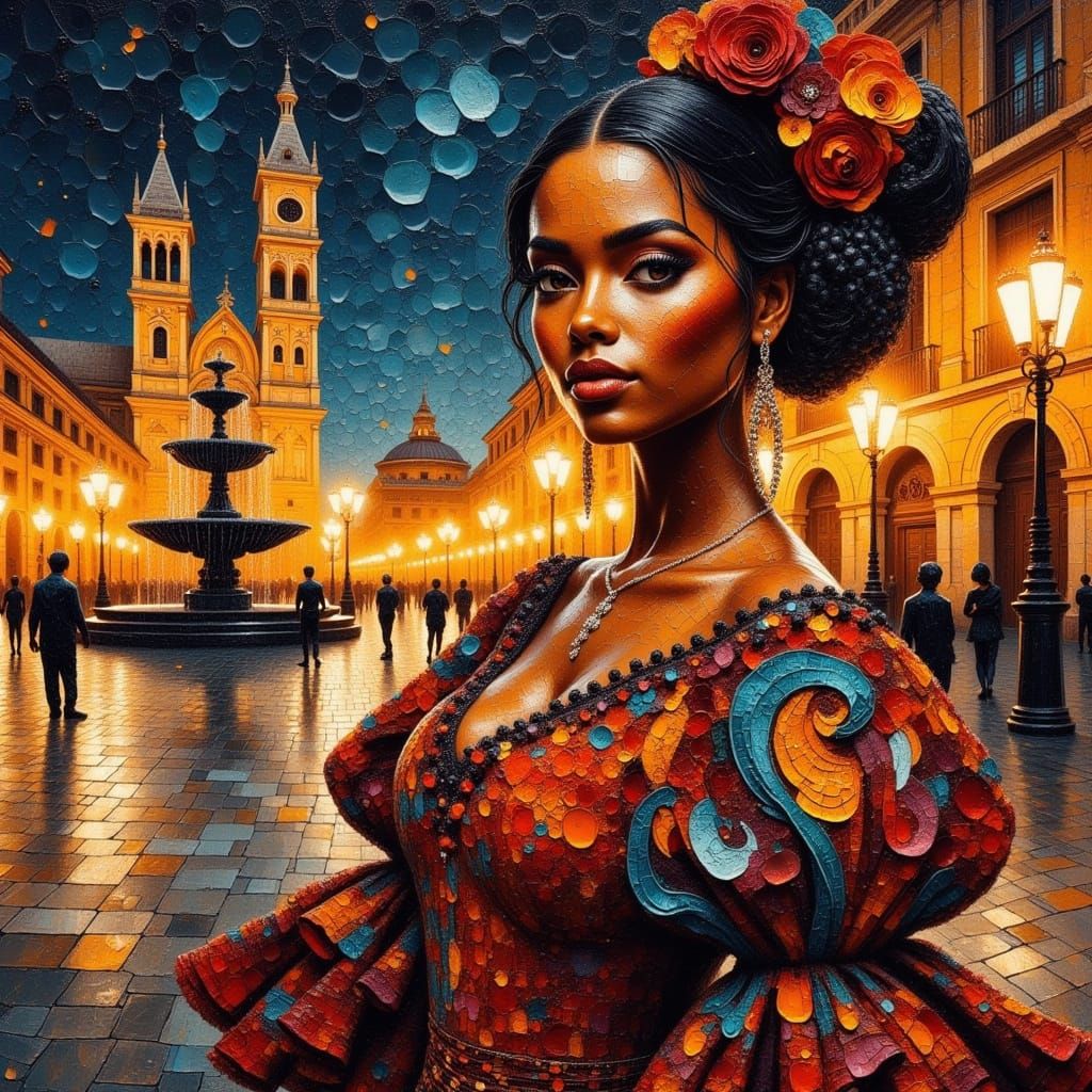 <lora:MOSAIC IN BEAUTY:1.0> <lora:divineOil:1.0> <lora:ImpastoMix1 Flux:1.0> <lora:Flamenco Nights:1.0> closeup, unique vantage point, hdr, ...