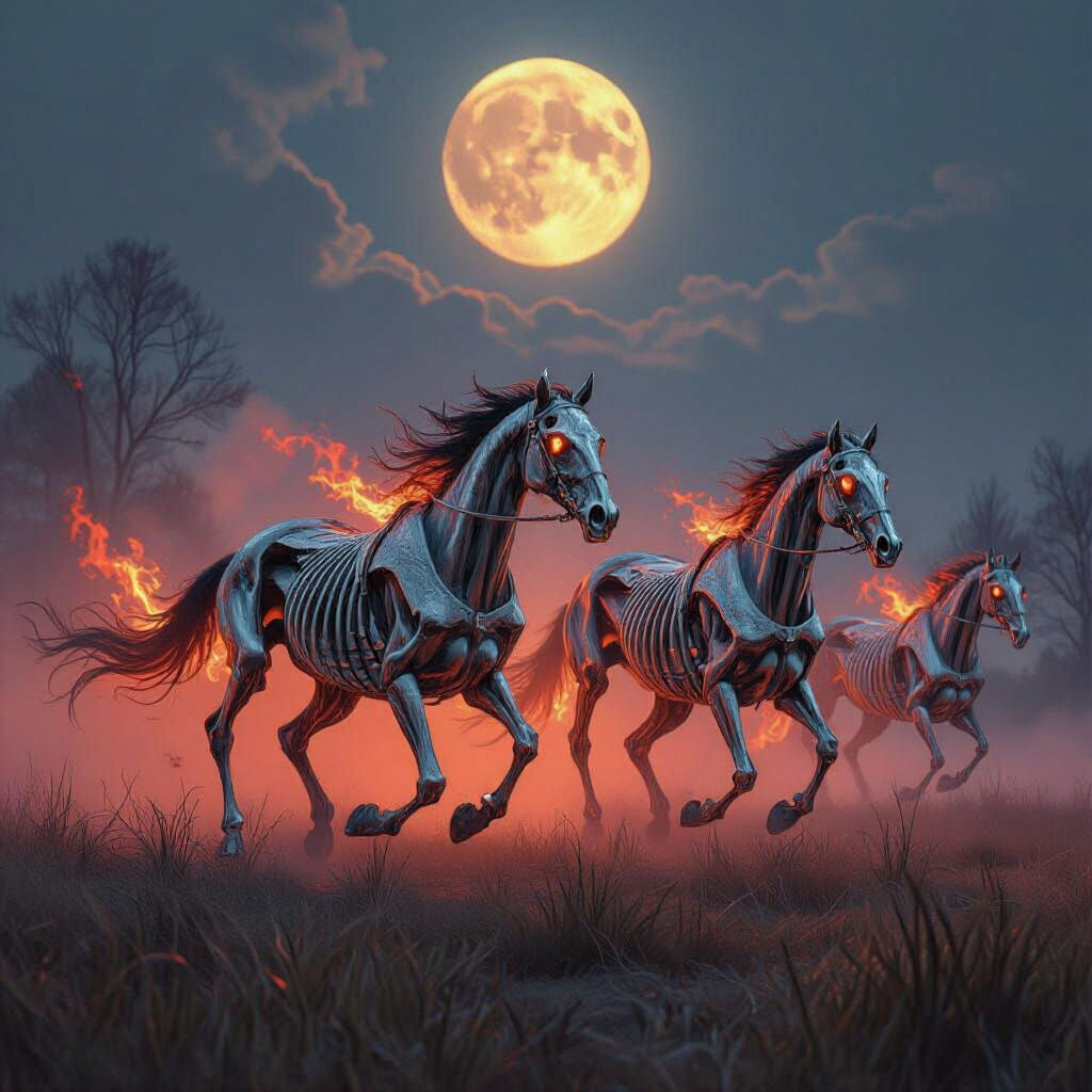 Hyperrealistic photograph of flaming skeletal horses, running through a barren field in the fog of a full moon.