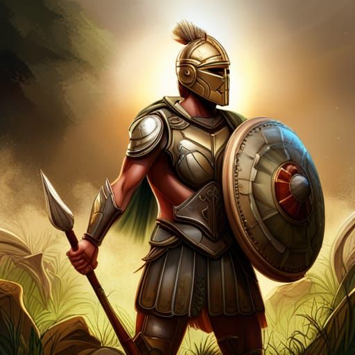 Spartan Warrior Holding A Spear In One Hand, Holding Round Shield In 