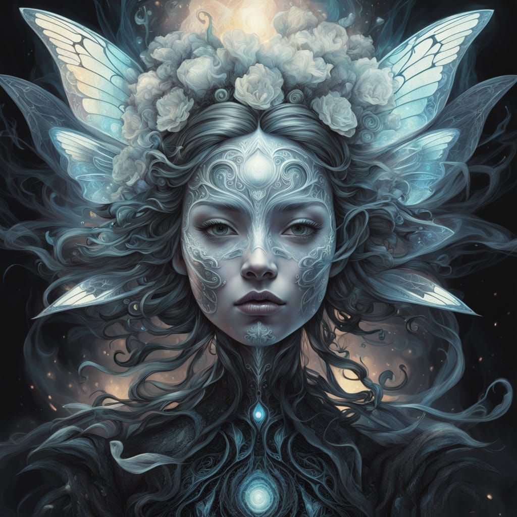 Close-up biopunk portrait of a holographic iridescent monochromatic fairy emerging from a pulsating, ...  by @undefined