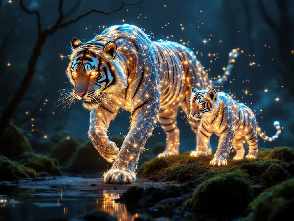 A surreal scene set in a dark, mystical forest, featuring a majestic tiger and her two tiger cubs, all ...  by @Summerchild