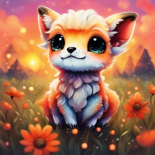 <lora:Cartoon bokeh v8:1.0> adorable chibified baby fox, big round eyes, sunset meadow