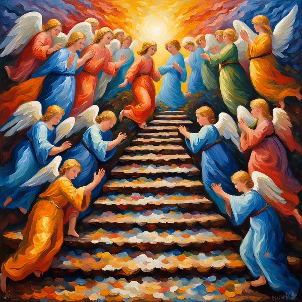 Jacob's ladder with angels ascending and descending from heaven to earth