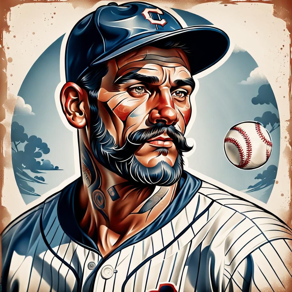 A portrait of a vintage baseball player, stylized tattoo art