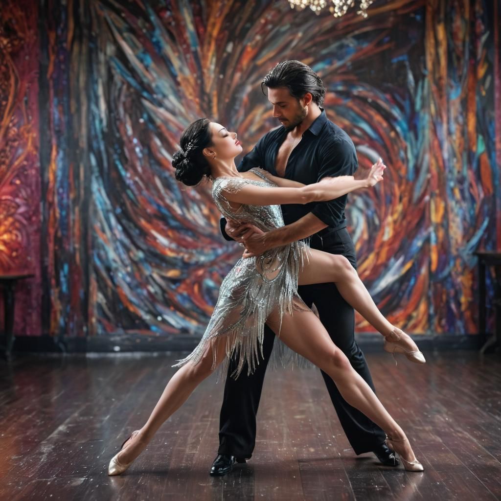 Two elegantly dressed and stunning beautiful dancers in a very dynamic tango pose, captured with motion ...  by @Thomas-Future