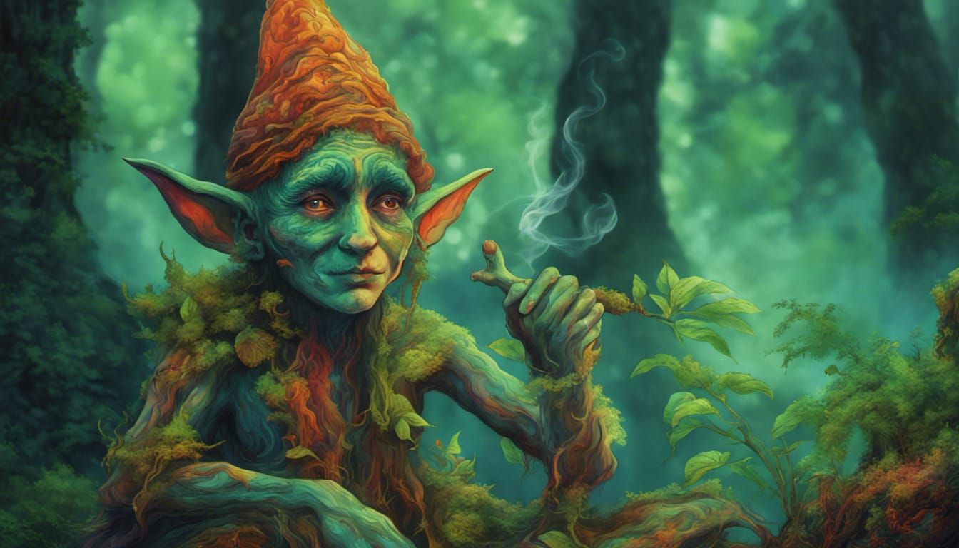 a psychedelic pot smoking forest elf