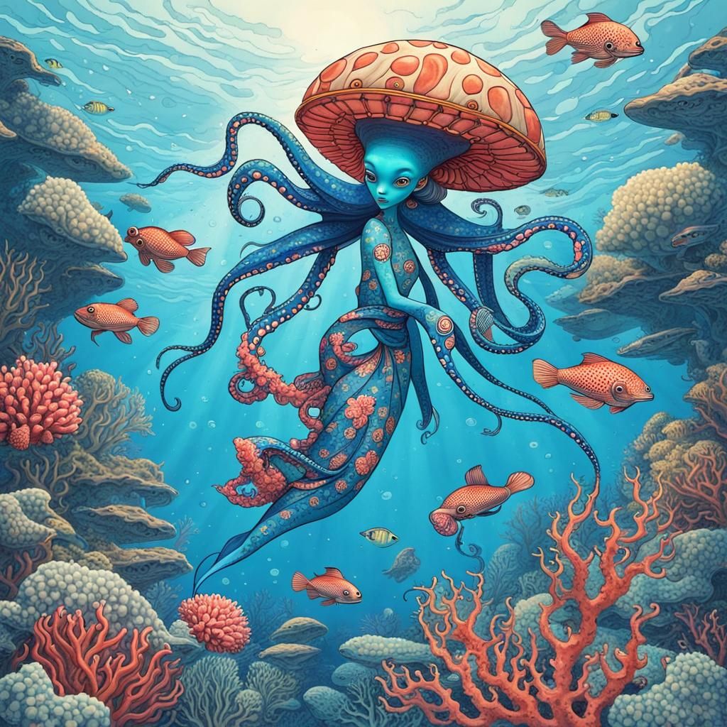 Blue Alien with Octopus in Tropical Sea