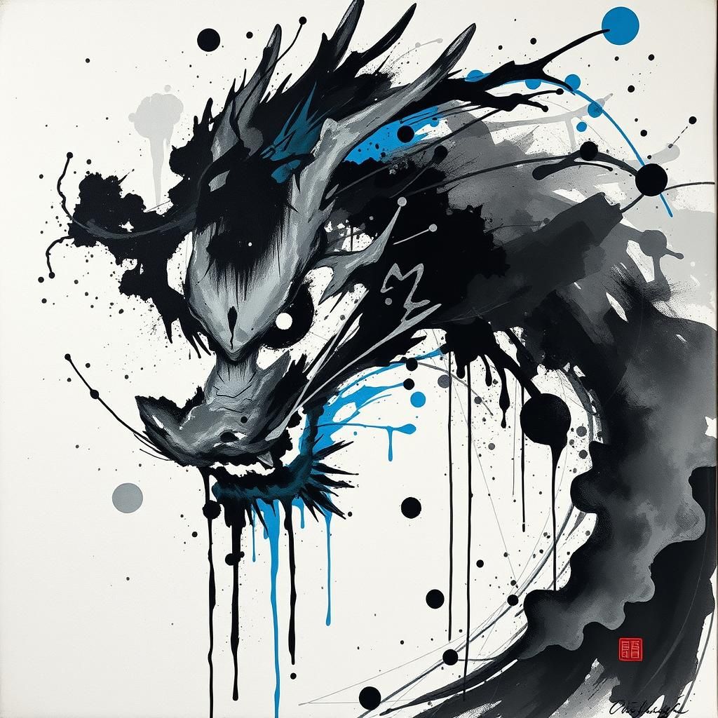 Ink splatter Chinese shaped dragon head.....splashed on to a canvas in blacks greys and blues. Chinese ...  by @MoiX