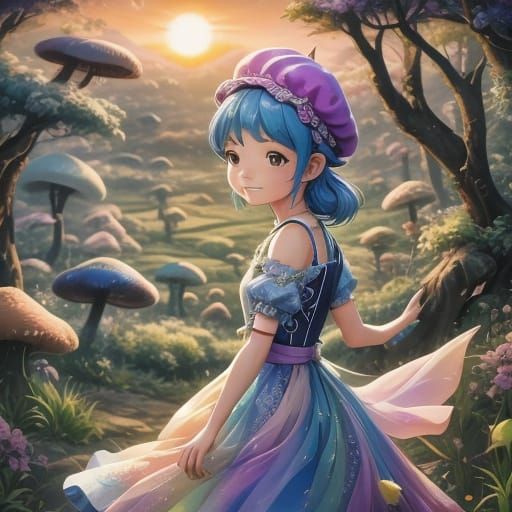 Fairy Goddess on Mushroom Cap at Sunrise: Watercolor Fantasy